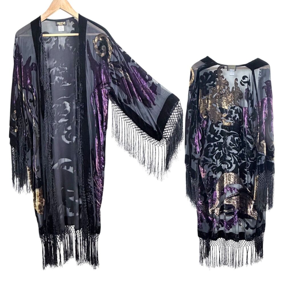 vintage silk velvet burnout fringe jacket kimono duster witchy boho stevie nicks